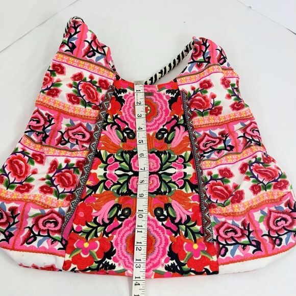 Rip Curl Vibrant Pink Red Embroidered Floral Soft Cotton Canvas Boho Tote Bag - Picture 12 of 16
